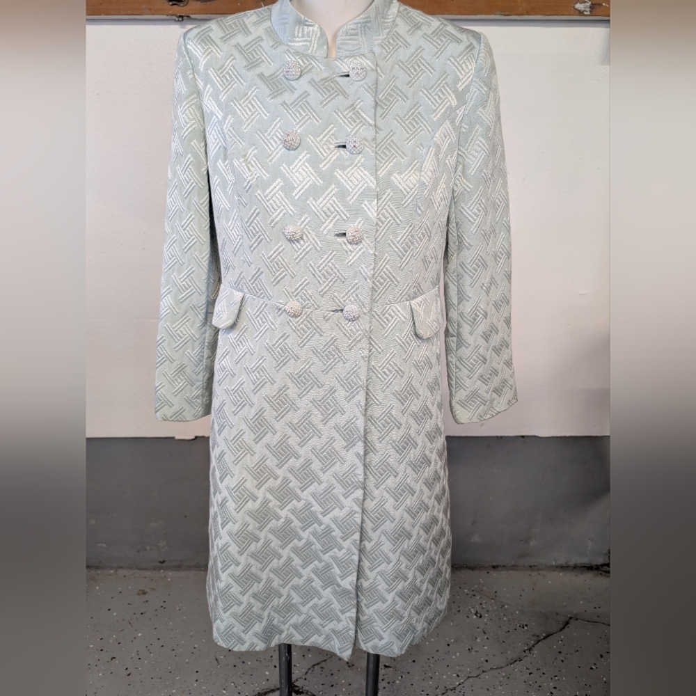 Vintage Coat  Ice Blue 8 Rhinestone Buttons 1960s Silver Patterned